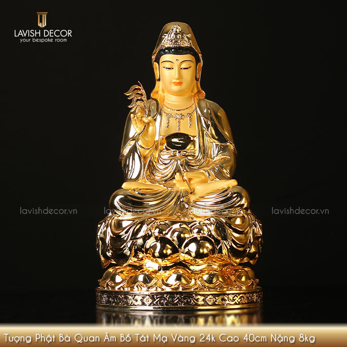 Tượng Phật Bà Quan Âm bằng đồng mạ vàng 24k cao 40cm nặng 8kg