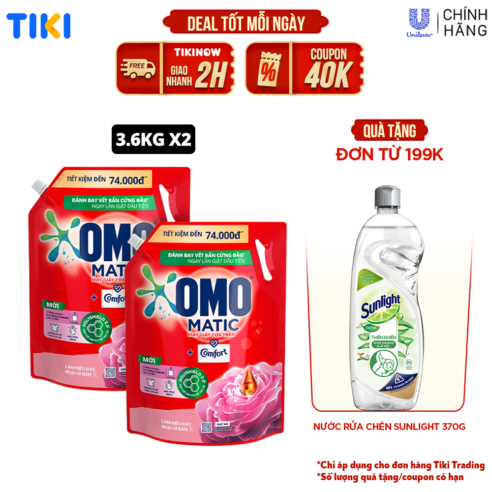 Combo 2 túi Nước giặt OMO Matic Comfort Hương Hoa Hồng Ecuador cho máy giặt cửa trên, túi 3.6kg