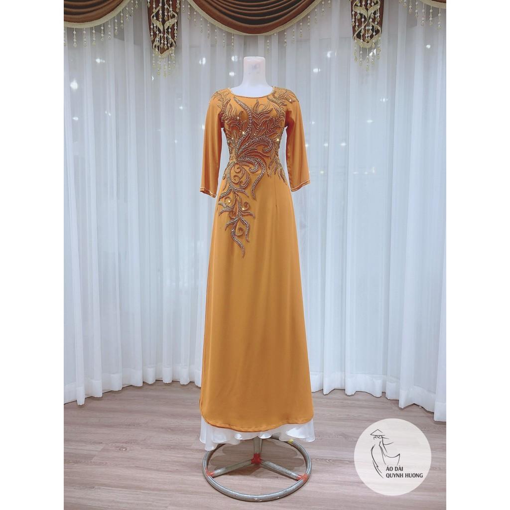 Áo dài mẹ chiffon nâu đất kết pha lê cực đẹp