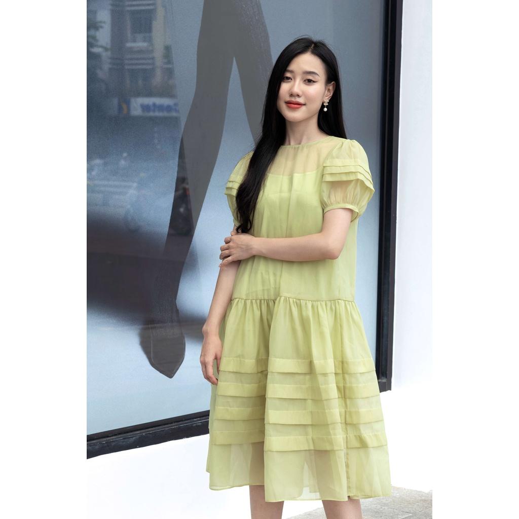 SHEAZ Đầm dáng baby xòe tơ màu xanh bơ cúc ngọc trai đá