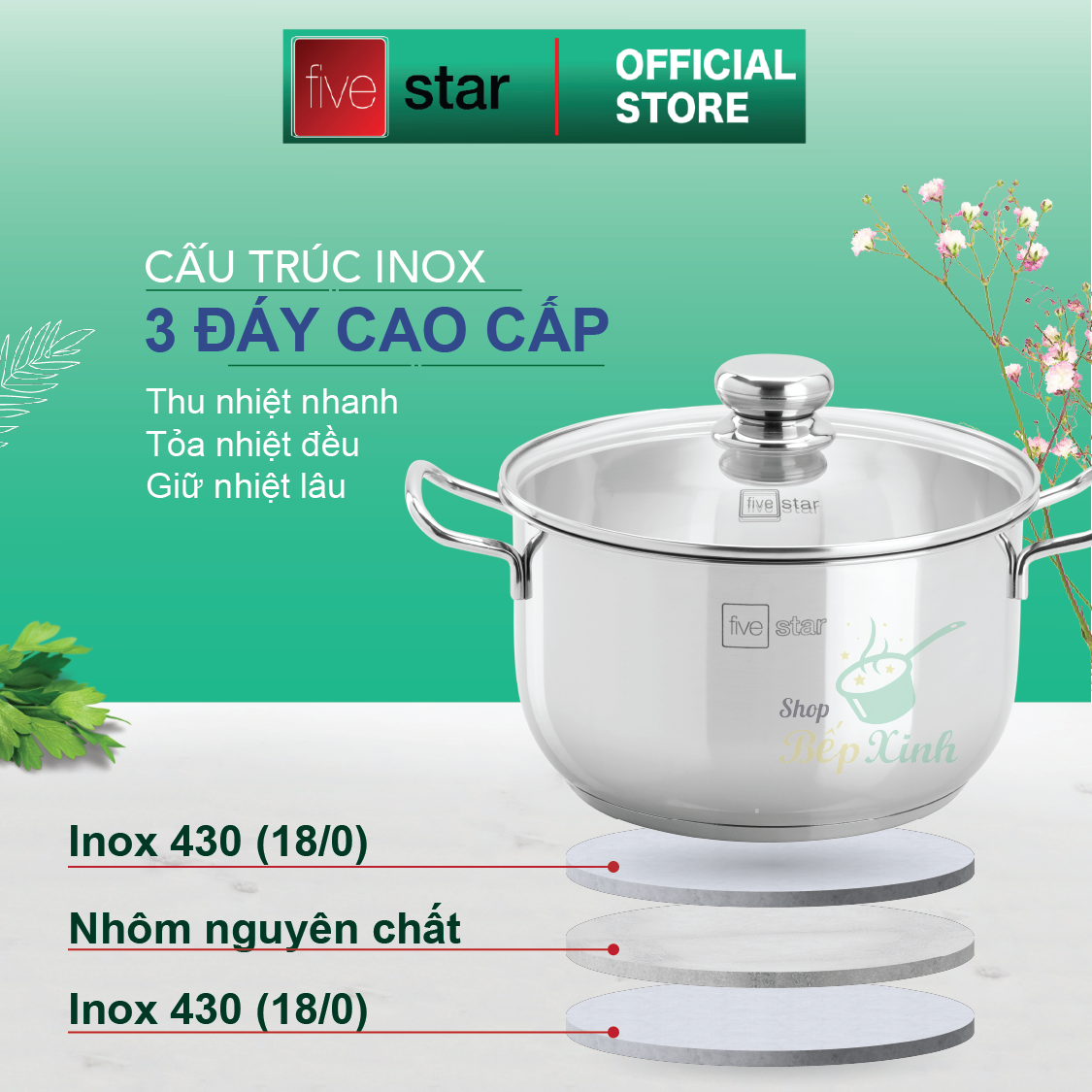 Bộ nồi xửng hấp 3 đáy inox 430 FiveStar Standard nắp kính, sử dụng bếp từ