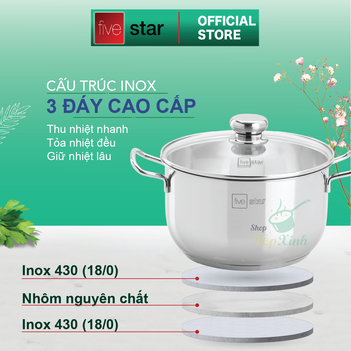 Bộ xửng hấp 3 đáy inox 430 FiveStar Standard  bếp từ nắp kính tặng 10 muỗng ăn ( 26cm/28cm/30cm )