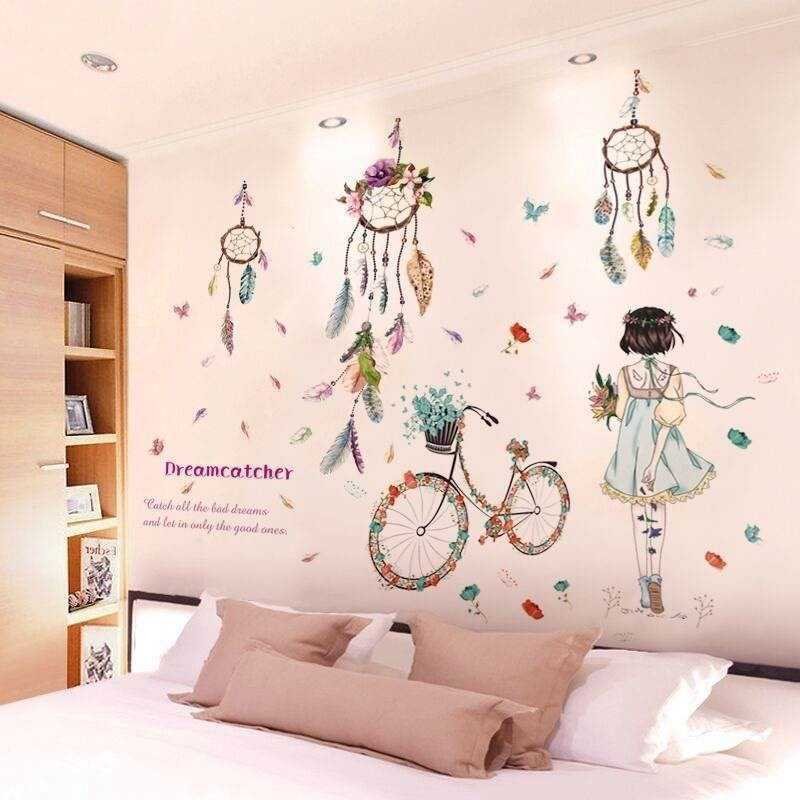 Decal dán tường phòng ngủ dễ thương combo cô gái và dreamcatcher