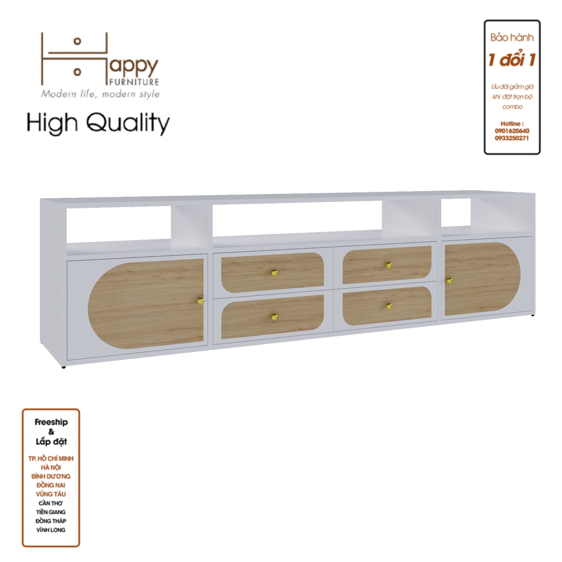 BANA, Kệ TV 2 cửa mở - 4 ngăn kéo, 200cm x 40cm x 52cm , KTV_033