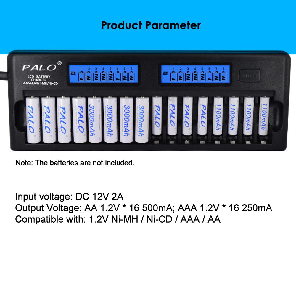 Bộ sạc pin thông minh đa năng PALO PL-NC31 Hai màn hình LCD 3 inch Bộ sạc thông minh nhanh chóng w / 16 Khe cắm pin cho - Đen - Phích cắm Hoa Kỳ