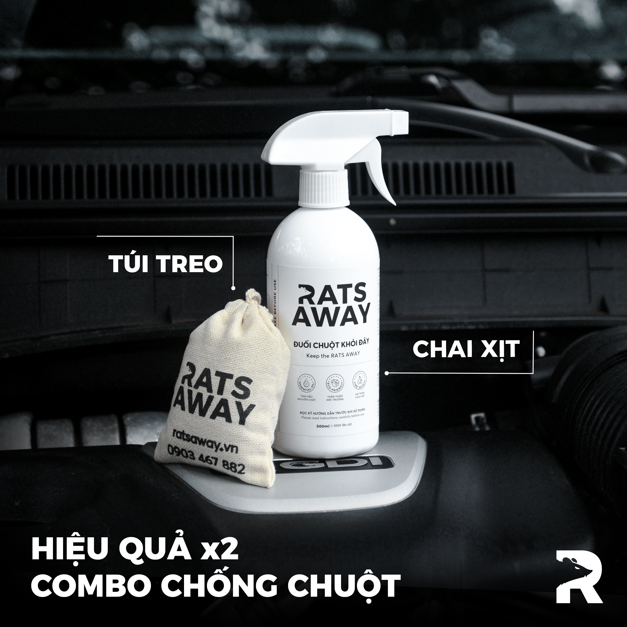 2 túi treo chống chuột cho ô tô RATS AWAY cho xe gầm thấp