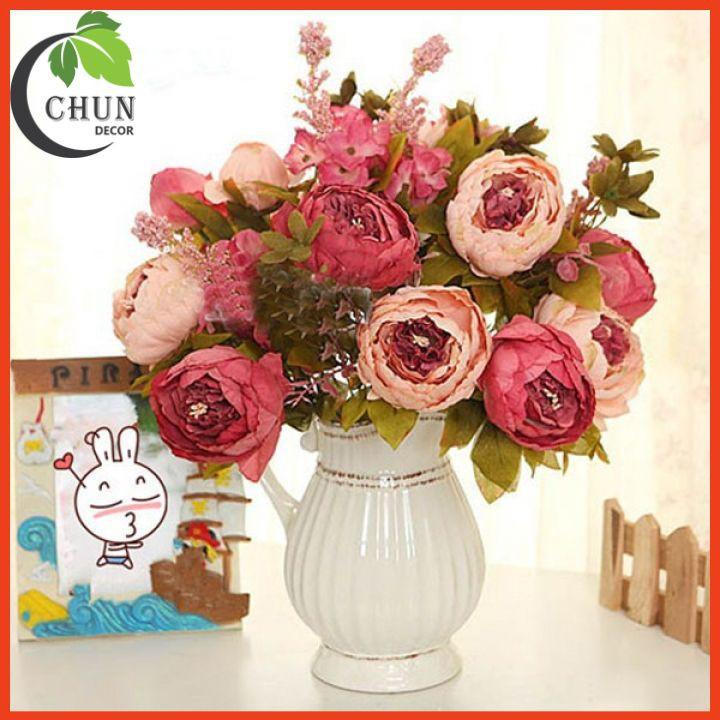 Hoa giả, cành hoa mẫu đơn Châu Au 8 bông lớn trang trí nhà cửa, văn phòng, cửa hàng