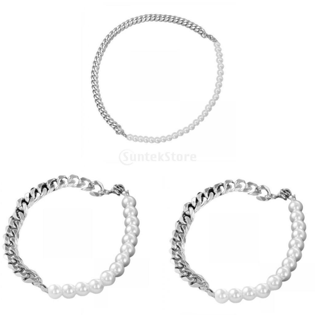3 Pieces Adjustable Pearl Necklace Bracelet Kit Solid and Flexible Hip Hop