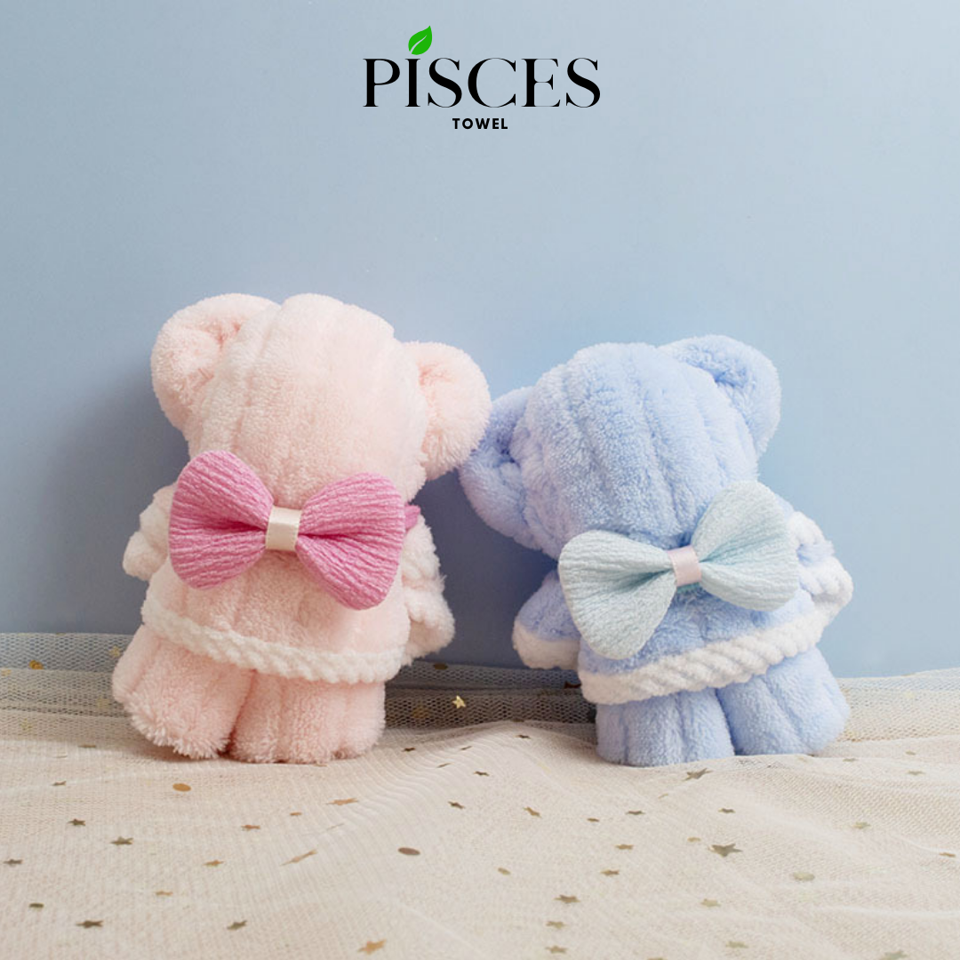 Khăn Mặt Hình Gấu Nơ Làm Quà Tặng PISCES TOWEL 25x50cm Cotton Mềm Mại, Khăn Làm Quà Tặng Bạn Gái