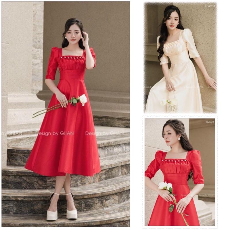 Đầm xoè cổ vuông tay phồng xếp ly ngực đính cườm sang trọng