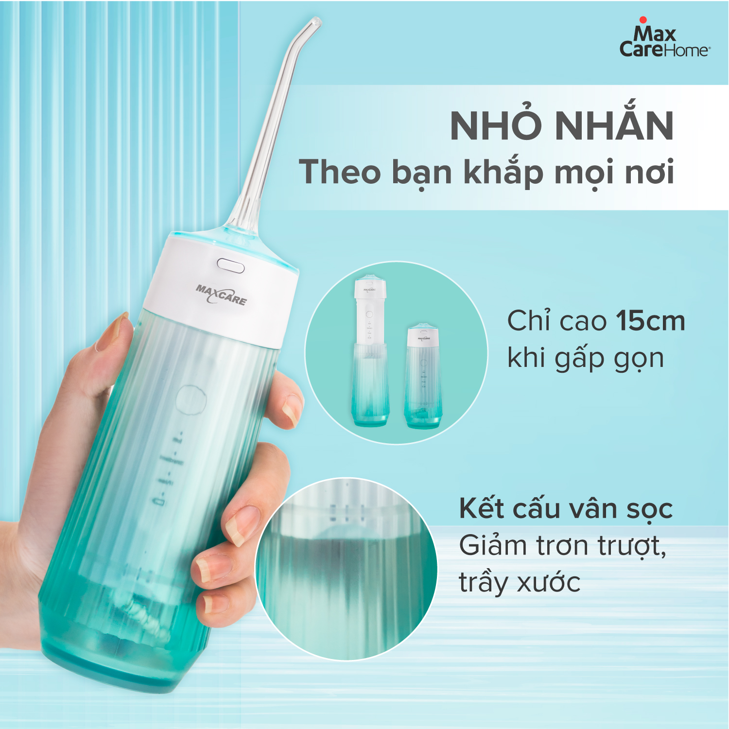 Máy tăm nước cầm tay Maxcare UltraSonic Max456P Phun xoay 360 độ, Nhỏ gọn, Chống nước IPX7, Dung tích 160ml