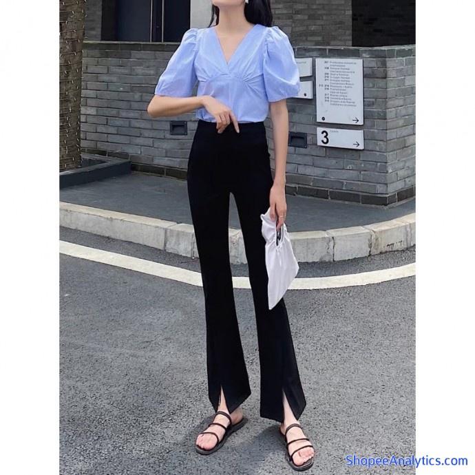 Quần ống loe xẻ gấu lưng cao hàn quốc thời trang Milofa