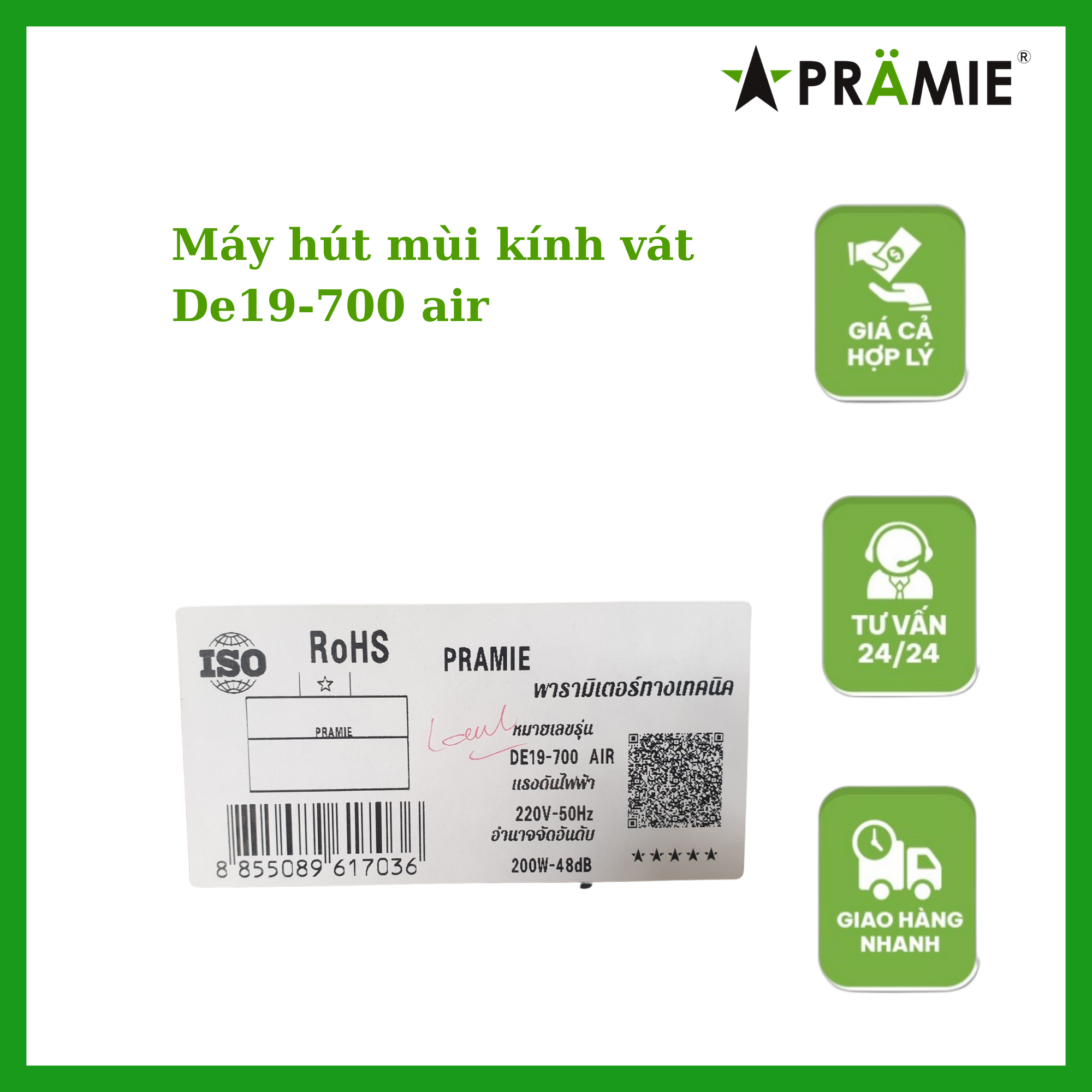 Máy hút mùi kính vát Pramie DE19-700 AIR_Vẫy tay_hàng nhập khẩu Thái Lan