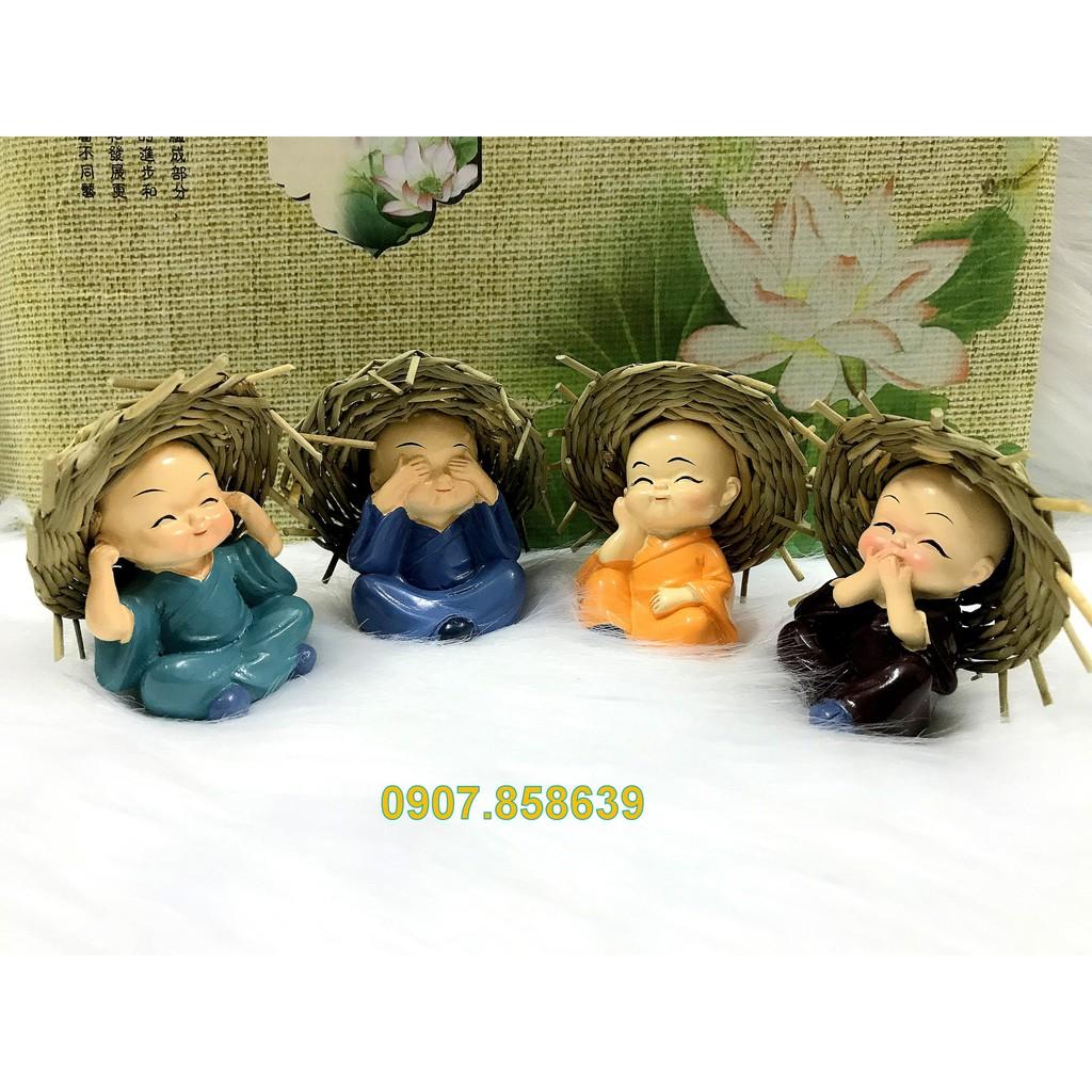 Bộ 4 Tượng Chú Tiểu Tứ Không Đội Nón Rơm