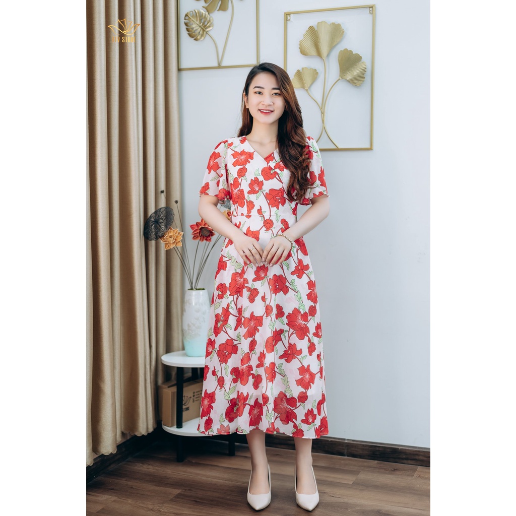 Đầm Maxi thiết kế trung niên sang trọng Cổ tròn tay loe màu Trắng hoa đỏ TTV STORE TTV1248