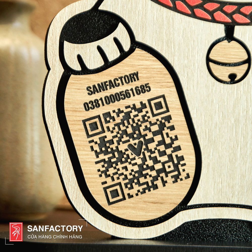 Bảng gỗ QR Code hình Mèo Thần Tài quét mã thanh toán