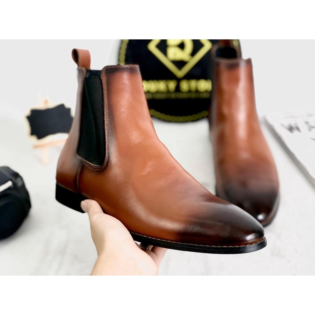 (Bảo hành 12 tháng) Chelsea boots da bò nâu đế gỗ cao cấp lịch lãm - Duky Store