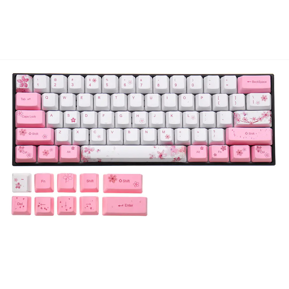 Bộ Keycap (mũ phím) PBT 61 phím – Chính hãng Royal Kludge. Hoạ tiết Sakura - Hoa anh đào. Công nghệ in Dye – sub, bền đẹp. Dành cho bàn phím cơ 61 phím. OEM Profile.