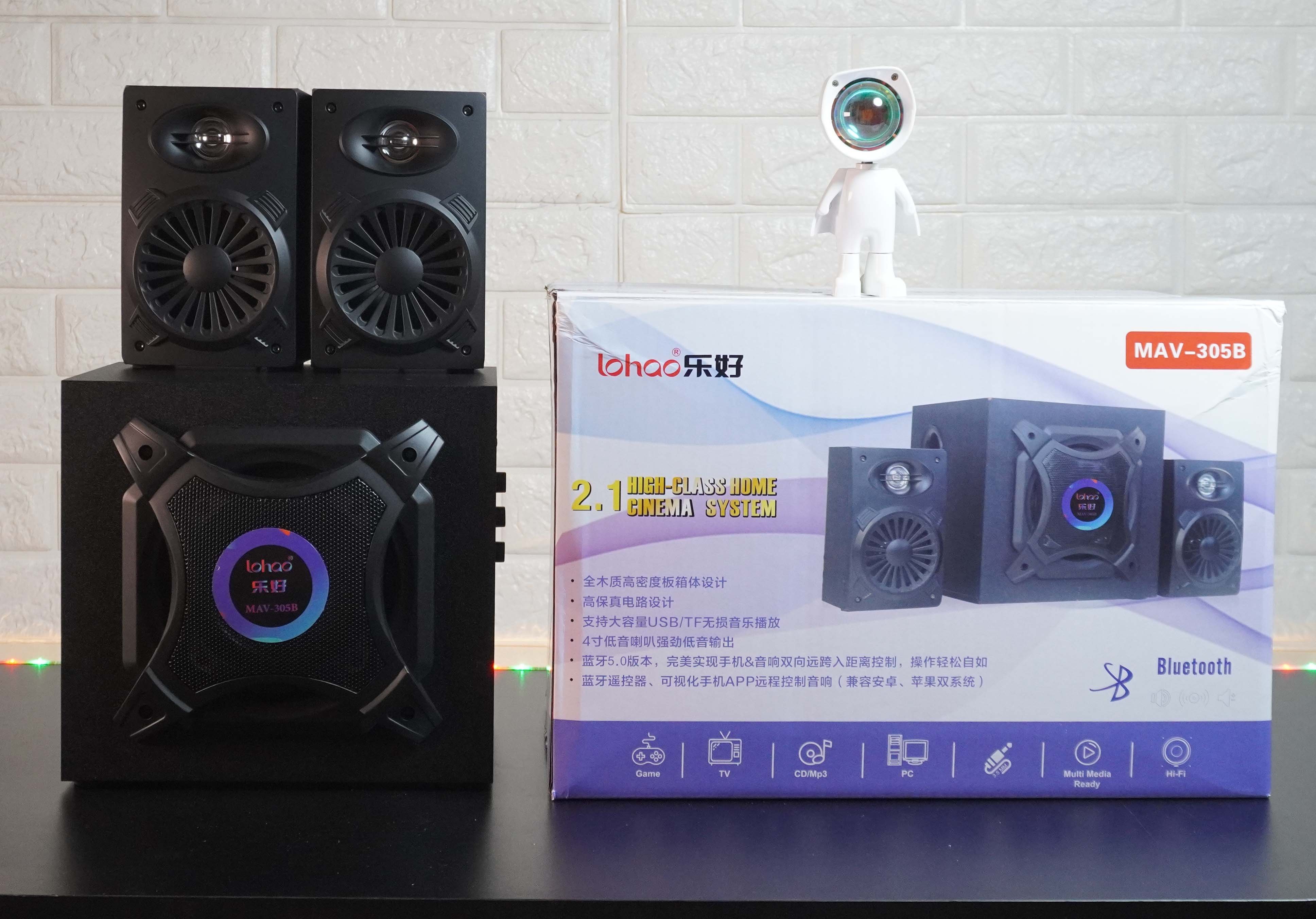 Loa vi tính Lohao MAV 305B - loa vi tính 2.1 âm thanh stereo rạp hát - Kết nối Bluetooth, USB, SD, AV - 2 loa vệ tinh kèm sub - Công suất 100W - Vỏ gỗ cho âm thanh trầm ấm - Hàng nhập khẩu