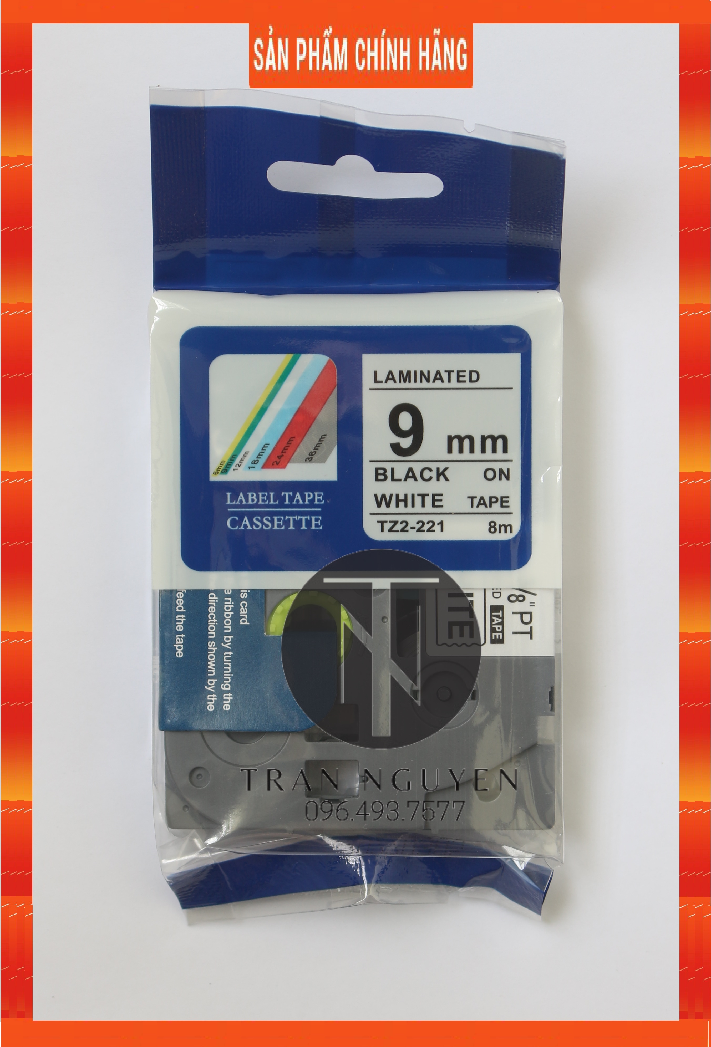 [Combo 3 cuộn] Nhãn In đa lớp Tz2-221 - Đen nền trắng 9mm x 8m- hàng chính hãng