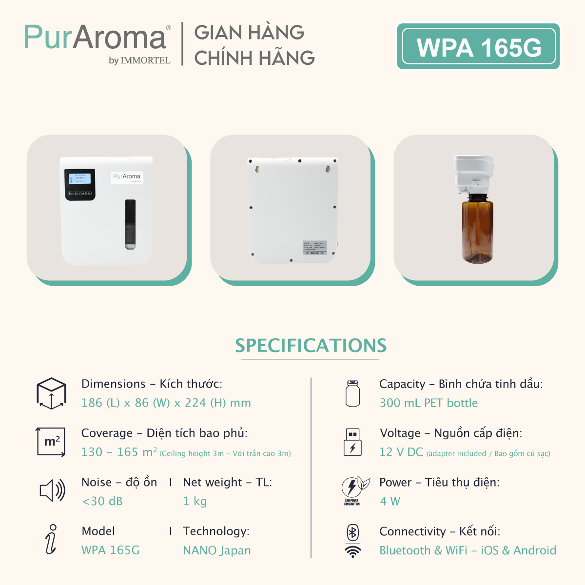 Máy Khuếch Tán Tinh Dầu PurAroma - WPA 165G New Model - Công Nghệ Khuếch Tán Siêu Âm Nhật Bản