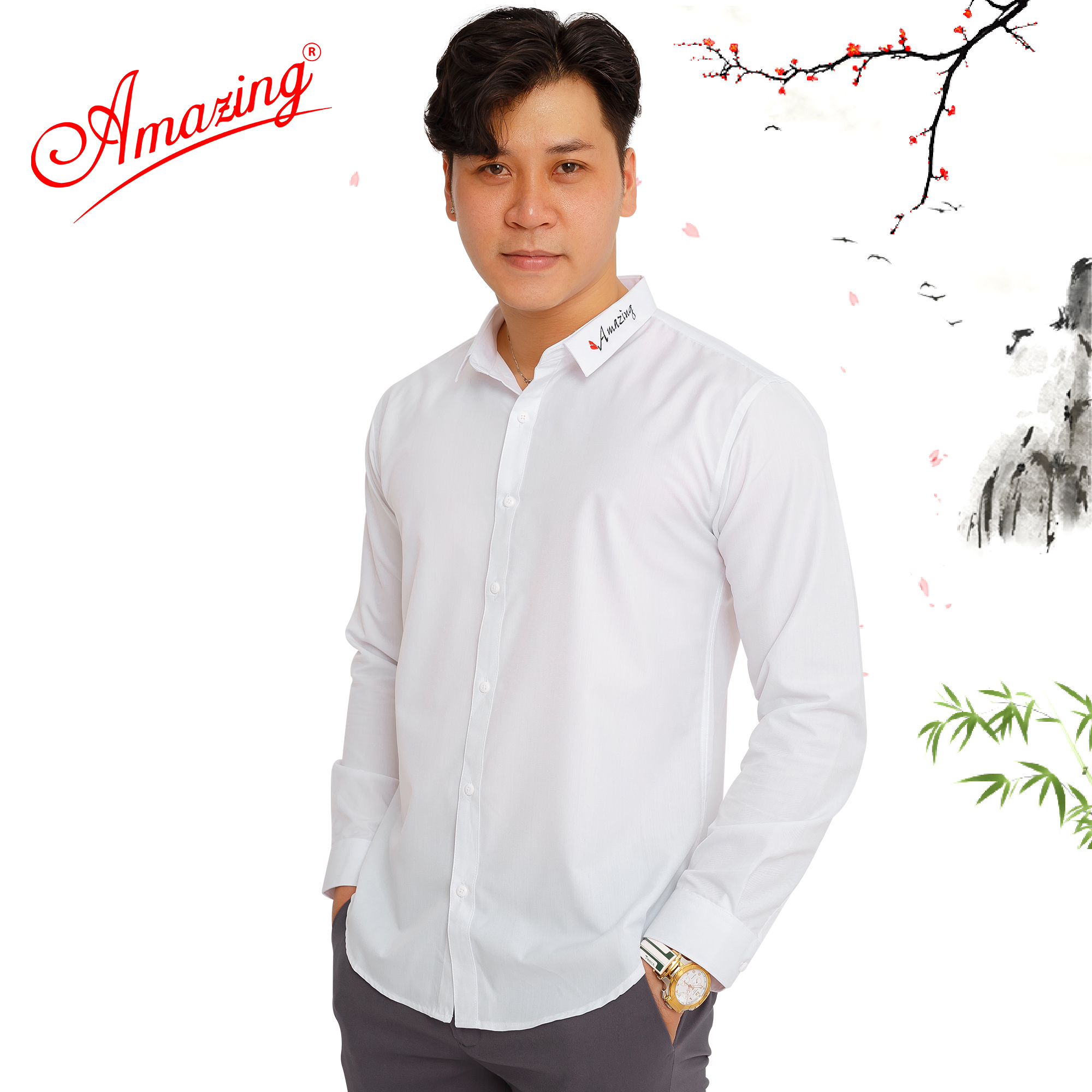 Áo sơ mi nam thêu chữ, thương hiệu cao cấp Amazing, phong cách Hàn Quốc, form body slimfit, tay dài