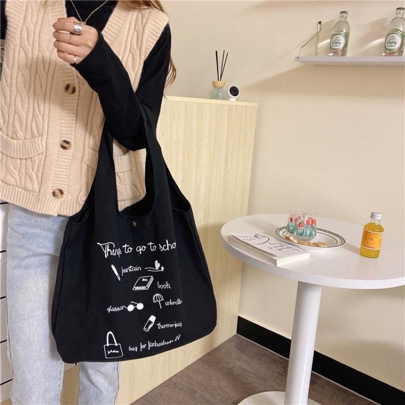 Túi Tote Canvas School dáng chữ A có ngăn phụ và nút bấm