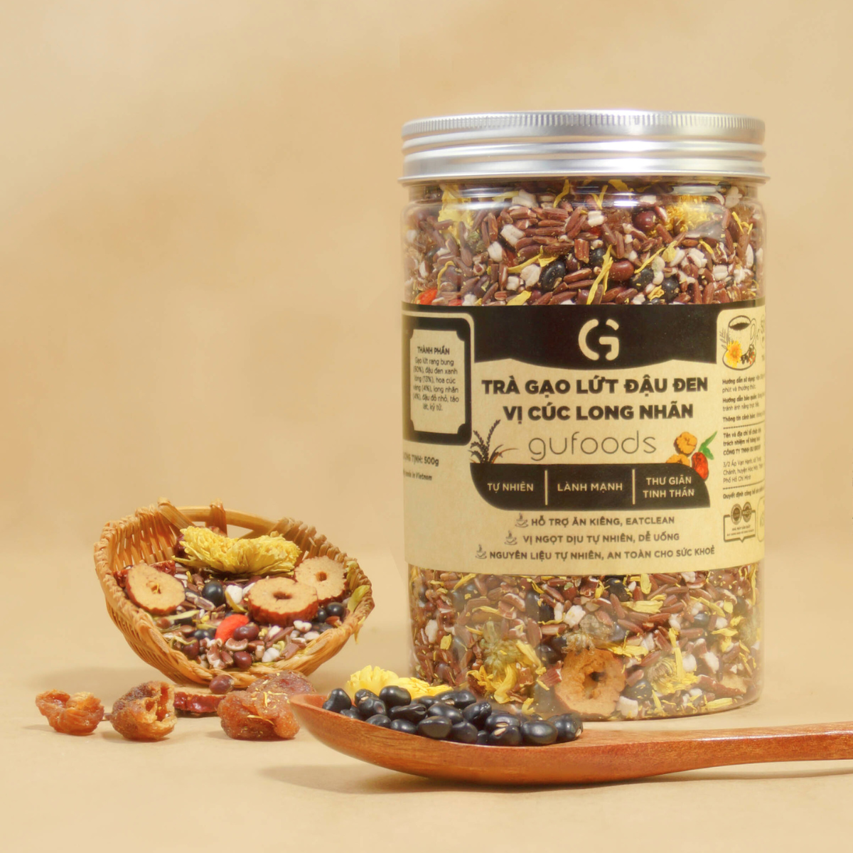 Trà gạo lứt đậu đen vị Cúc Long nhãn GUfoods (hũ 500g) - Tinh thần thoải mái - Tự nhiên - Lành mạnh