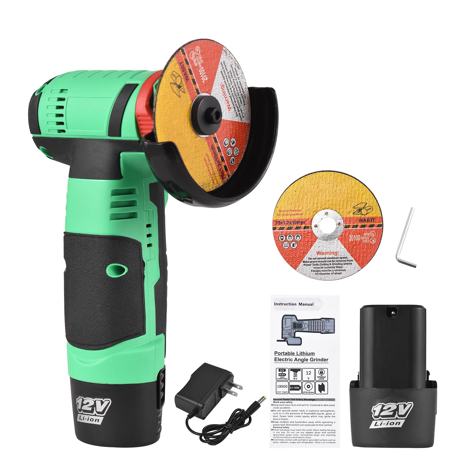 12V Cordless Angle Grinder Tool Kit Portable Lithium Electric Angle Grinder 19500rpm Mini Rechargeable Power Cutter with 2pcs Batteries 2pcs Grinding Discs for Grinding Polishing Cutting Rust Removing