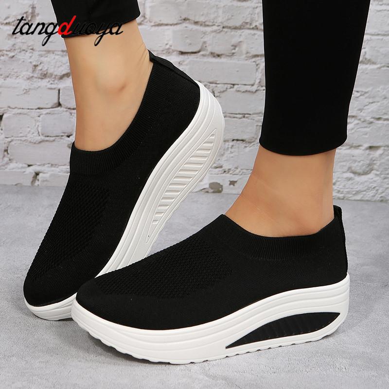 Nền Tảng Nêm Giày Nữ Cỡ Giày Thể Thao Nữ Slip On Lưới Tập Thể Dục Nữ Giày Chạy Bộ Color: black Shoe Size: 10