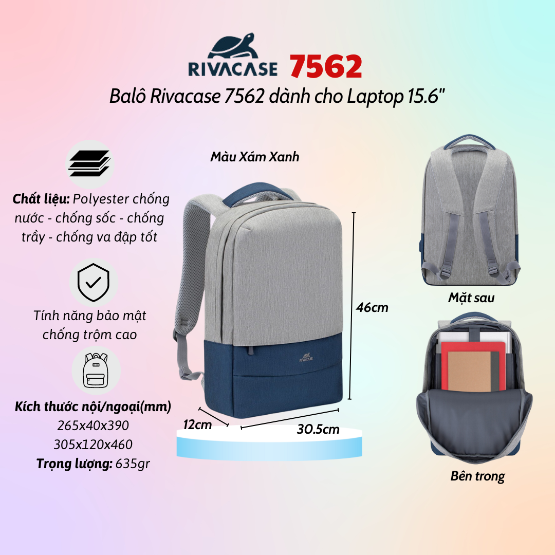 Balô Rivacase 7562 Để Vừa Laptop 15.6&quot; - Bảo Hành 24 Tháng - Hàng Chính Hãng