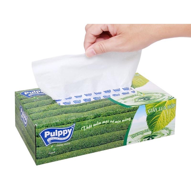 Khăn giấy hộp Pulppy trà xanh - Giấy lụa 100 tờ x2 lớp