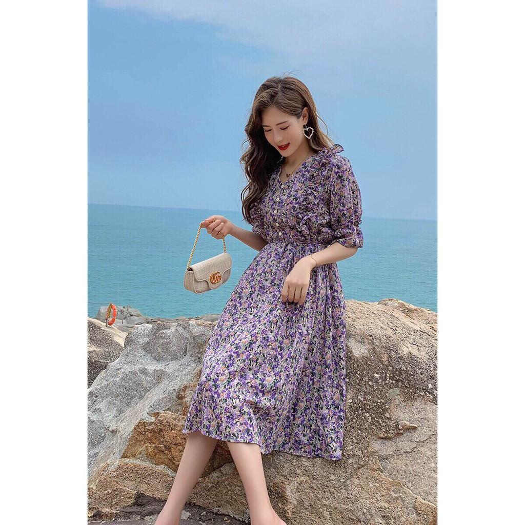 Váy Hoa Nhí Vintage Cổ V Tay Lỡ, Đầm Vintage Dáng Dài -Kieumytran93