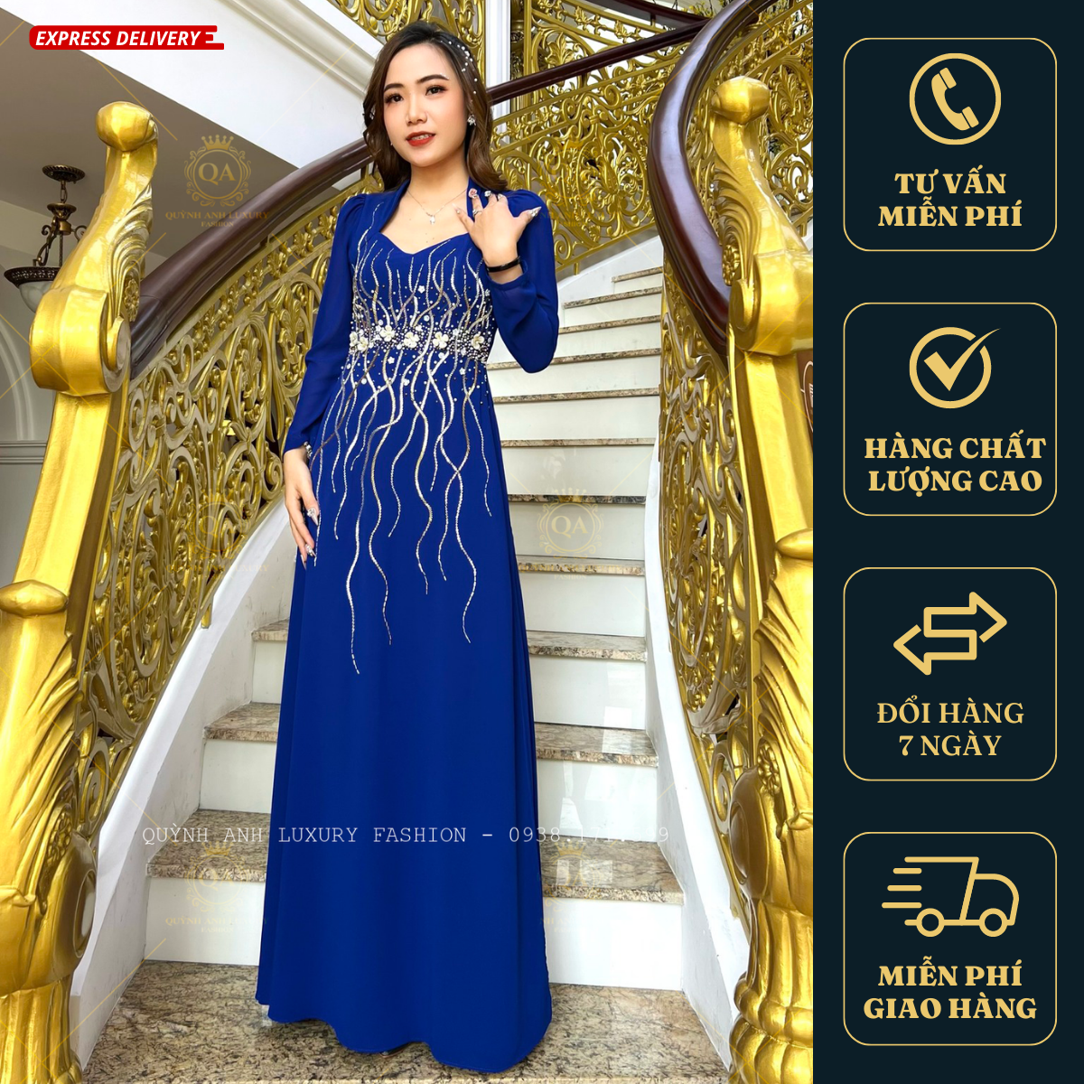 Áo Dài Dạ Hội Cổ Nữ Hoàng Xanh Côban Tay Dài Đính Đá Cao Cấp Hera Dress