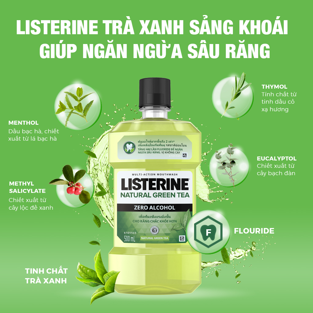 Nước súc miệng ngừa sâu răng vị trà xanh không cay Listerine Natural Green Tea 500ml - 100953223