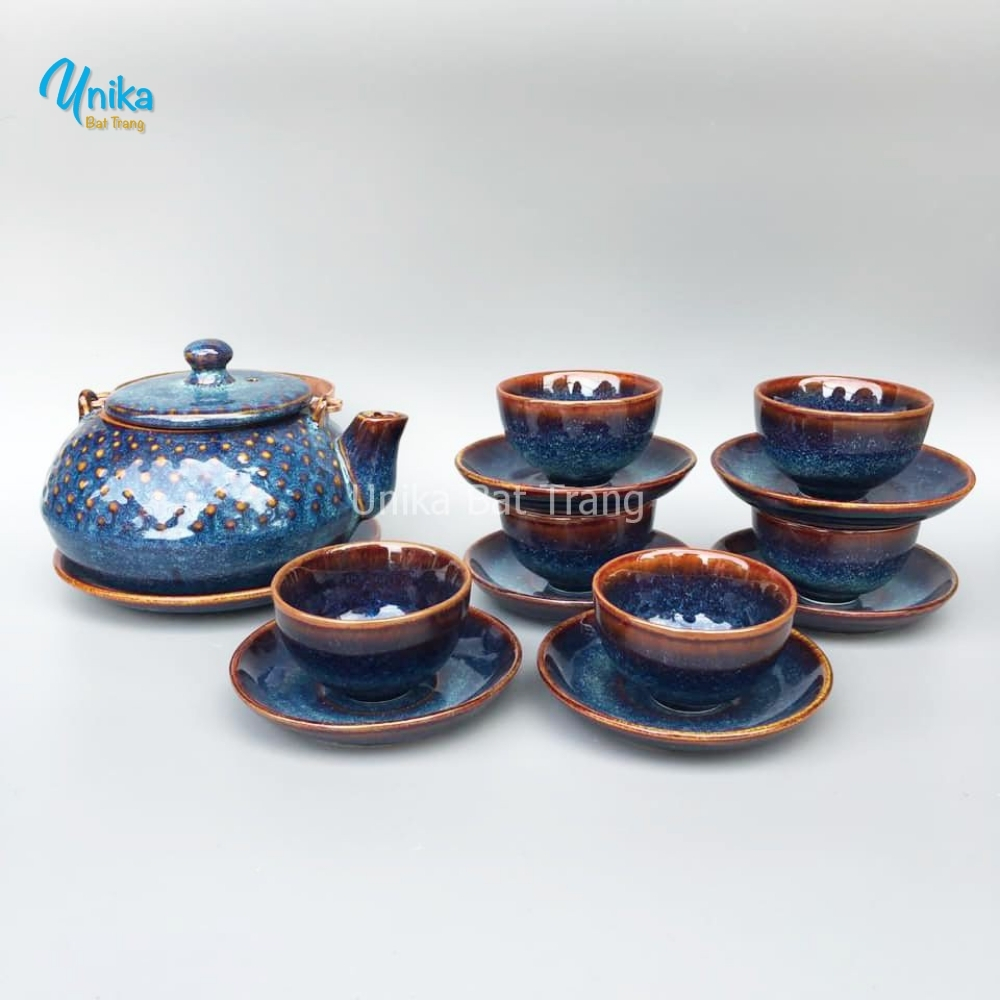 Bộ ấm trà hạt to men xanh hỏa biến - Bộ ấm trà gốm Bát Tràng