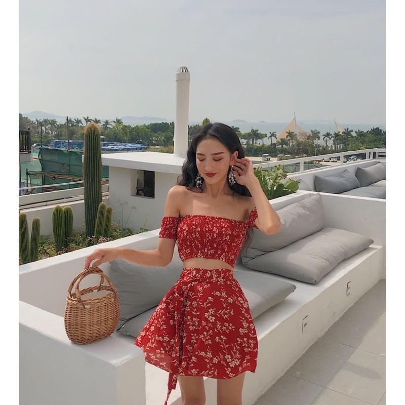 Set áo trễ vai mix chân váy hoa nhí summer 2021