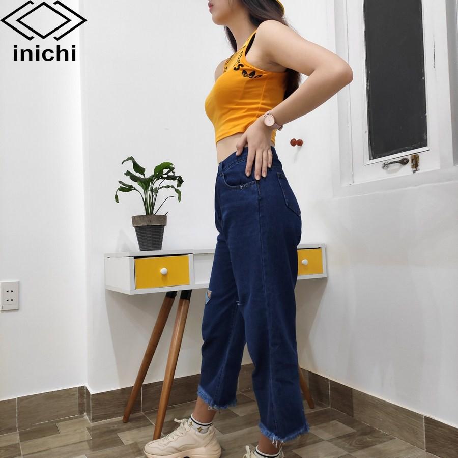 Quần jean nữ INICHI Q680 baggy xanh đậm ống rộng rách móc tam giác cực hot