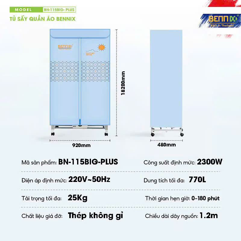 Tủ Sấy Quần Áo cỡ lớn Bennix BN-115Big Plus Công Suất 2300W Bảo Hành 18 Tháng Hàng Chính Hãng