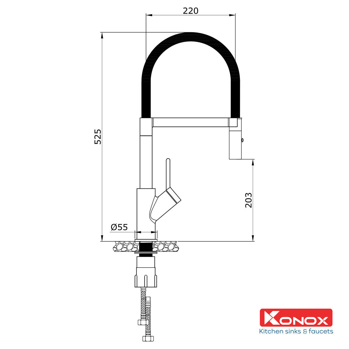 Vòi rửa bát thân mềm Konox, Model Bian, Bề mặt mạ PVD Chrome 5 lớp, Lõi đồng tiêu chuẩn CW617N, Linh kiện phụ trợ dòng chảy nhập khẩu châu Âu, Bảo hành chính hãng 5 năm, Hàng chính hãng