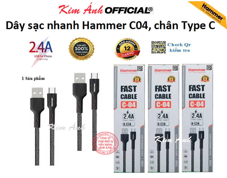 Dây sạc nhanh Ham mer C04 các loại chân cắm Type C, dòng điện 5v-2.4A, dây dù check Qr kiểm tra hàng chính hãng
