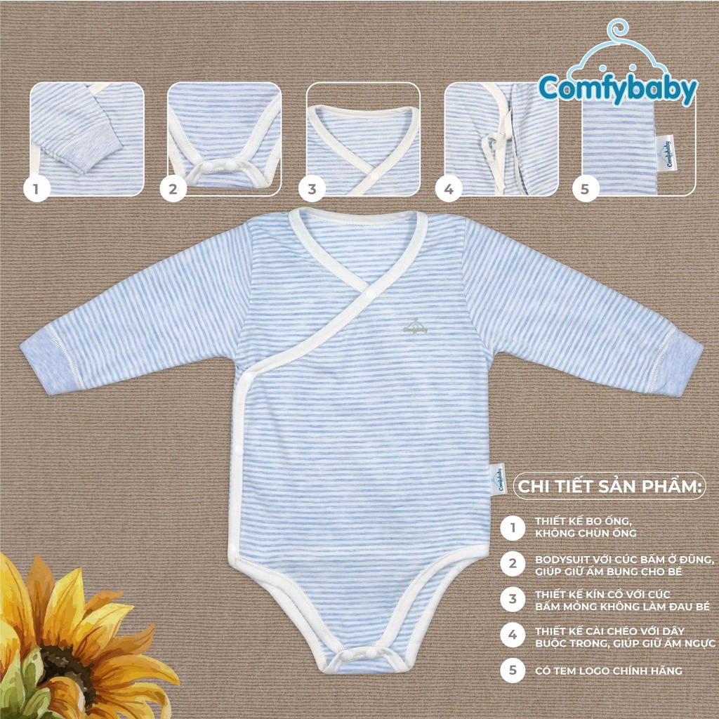 Set Bodysuit giữ ấm sơ sinh 5 món ComfyBaby kẻ sọc màu xanh - 100% Cotton- chính hãng