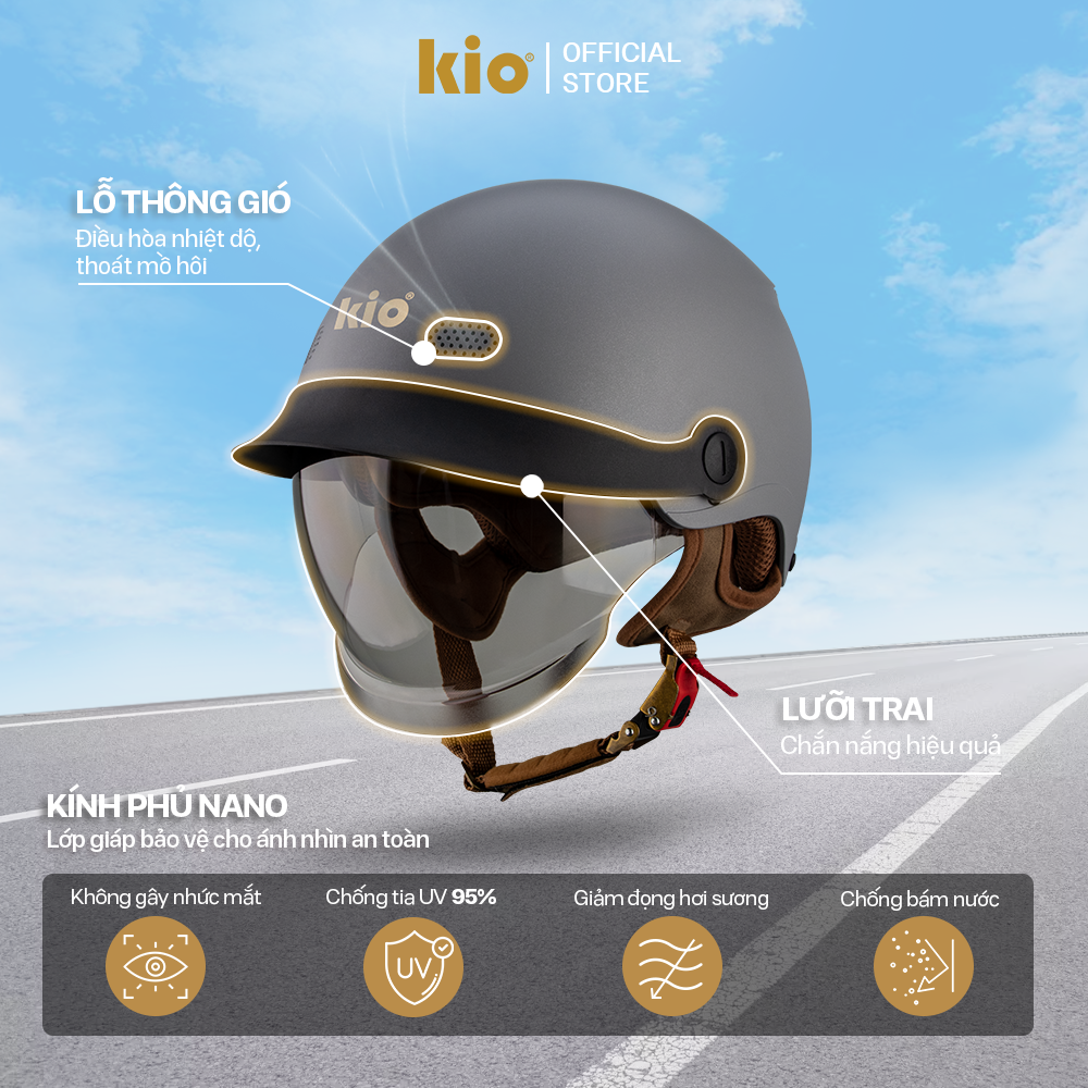 Mũ Bảo Hiểm Nửa Đầu Kio SafeStyle Metro KN10K, Kính Âm Phủ Nano Chống Tia UV, Lưỡi Trai, Thông Gió - Xám titan (nhám)