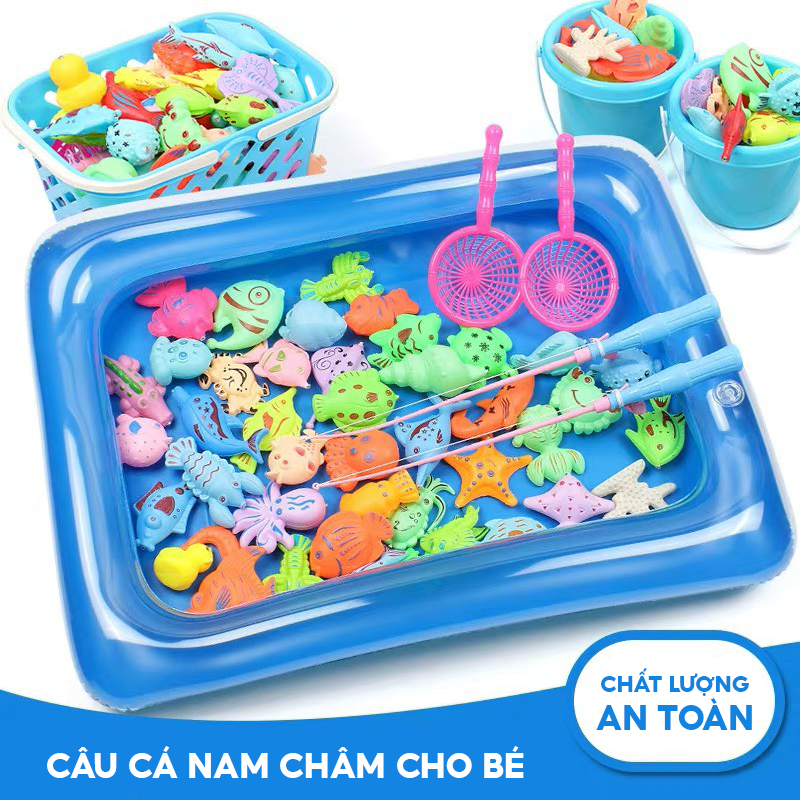 Đồ Chơi Bể Phao Câu Cá Cho Bé 42 Chi Tiết Có Gắn Nam Châm Bao Gồm Cần Câu Nhựa, Bể Phao 2 Tầng Cho Bé Vui Chơi - Orgavil