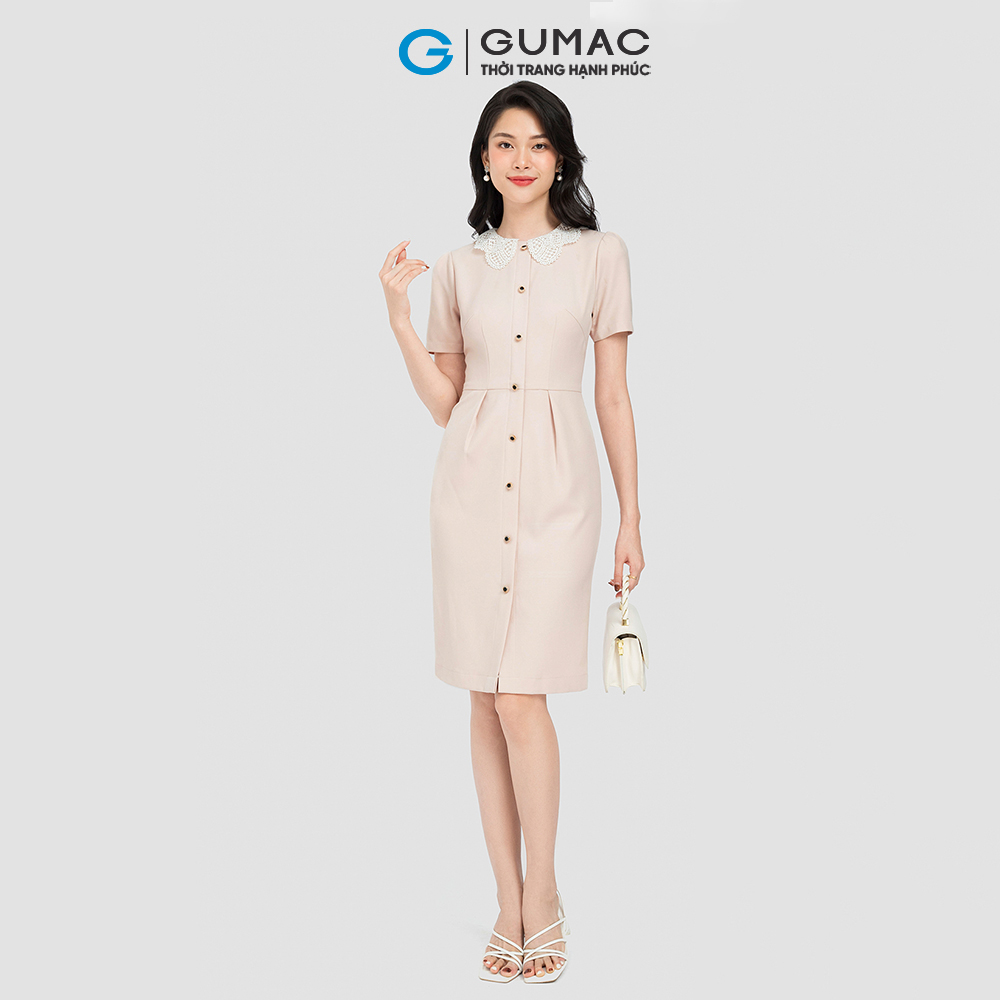 Đầm bút chì GUMAC DC08066 phối ren tay ngắn xếp ly