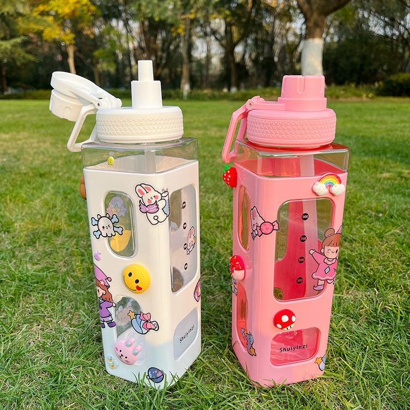 Bình Nước Vuông Dung Tích 700Ml Có Ống Hút , Quai Xách Tiện Dụng Tặng Kèm Sticker Xinh Xắn