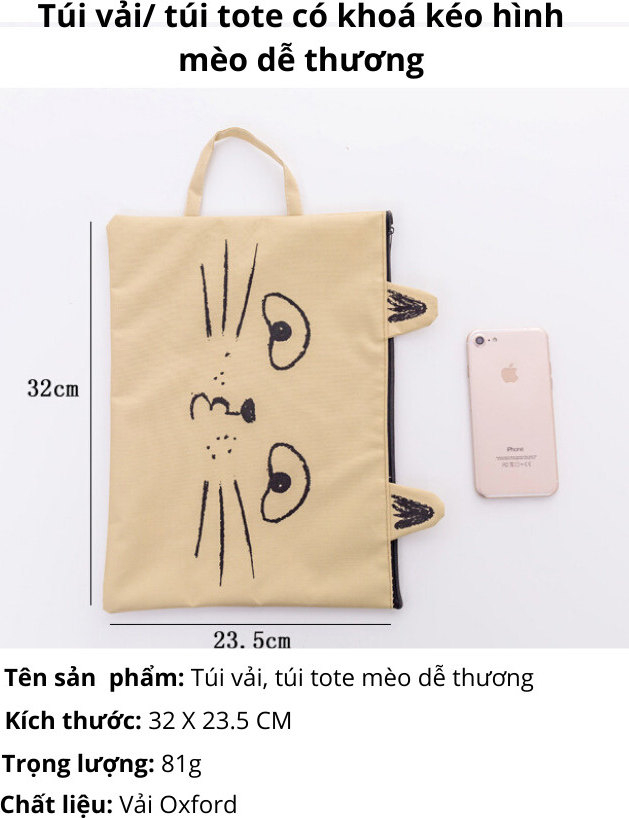 Túi vải/ túi tote có dây kéo hình mèo đáng yêu