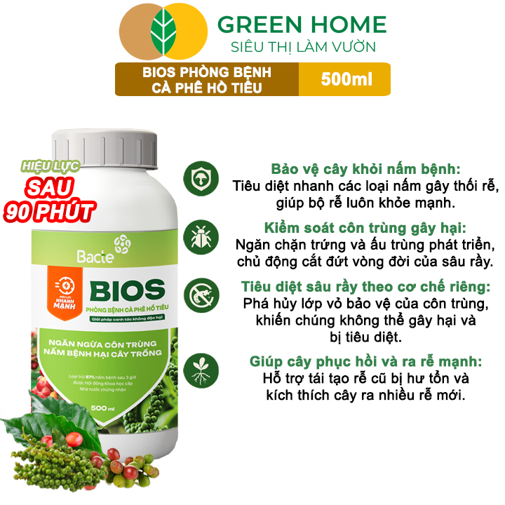 Chế Phẩm Sinh Học Bacte Bios Phòng Bệnh Cà Phê Hồ Tiêu, Green Home, Chai 500ml, Hiệu Lực Nhanh Mạnh