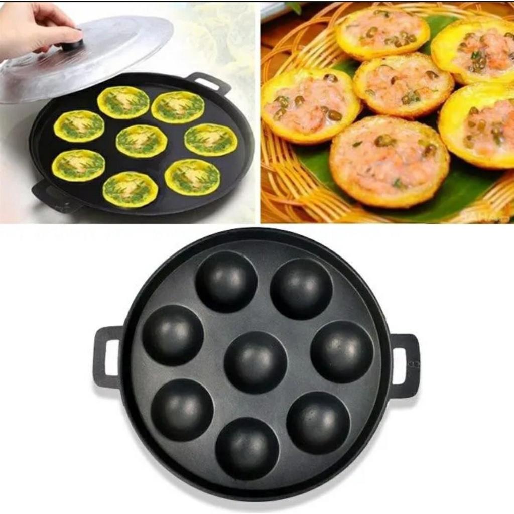 Khuôn Bánh Khọt 8 Lỗ Bằng Gang Chống Dính Loại Dày Cao Cấp Có Nắp Đậy