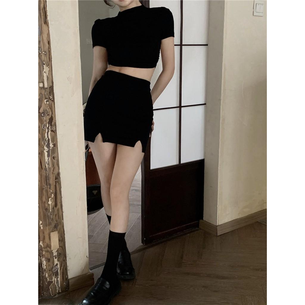 【Cocory】Korean Women Sexy Knit Backless Short-sleeved T-shirt+ High waist Buttocks Slim A word Mini Skirt Individual Sets